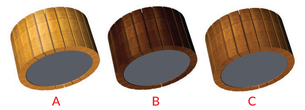 Obr. 3. Príliš svetlá (A), príliš tmavá (B) a ideálna (patinová) farba (C) komutátora