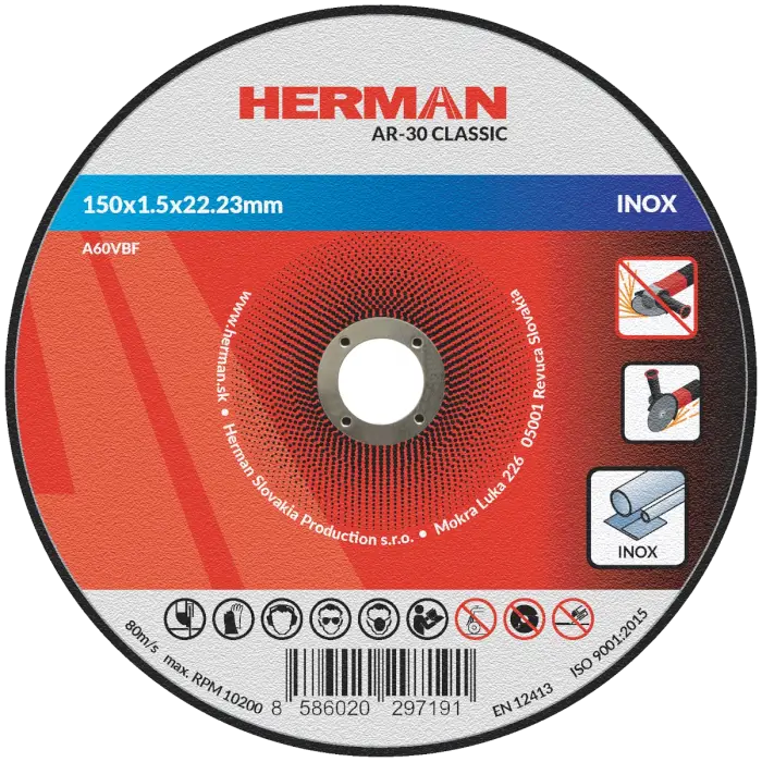 Rezný kotúč HERMAN AR-30 Classic|Na nerez 150x1,5x22,23mm|bez prelisu|TYP 41