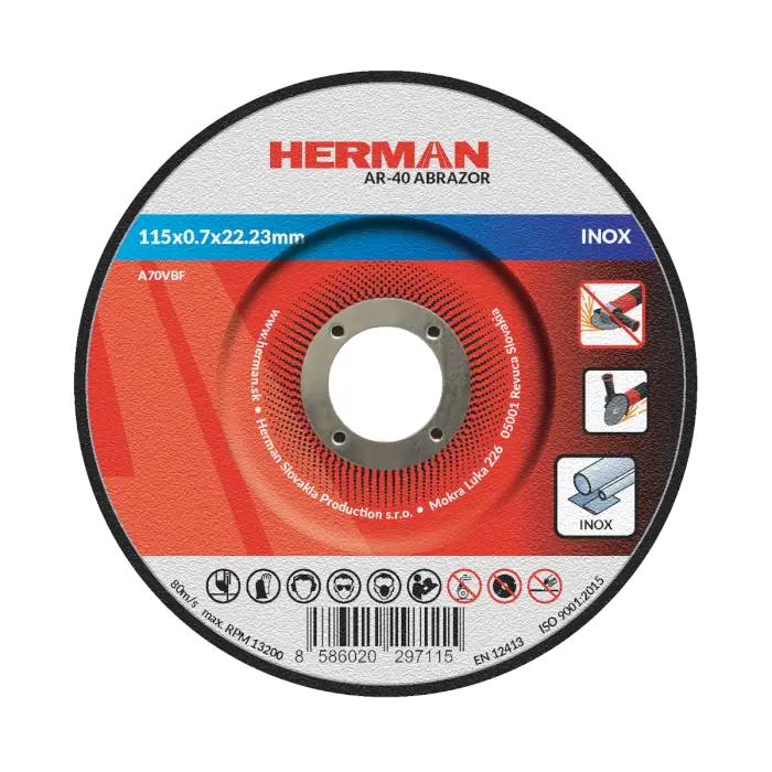 Rezný kotúč HERMAN AR-40 Abrazor|Na nerez 115x0,7x22,23mm|s prelisom|TYP 42
