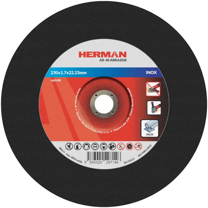 Rezný kotúč HERMAN AR-40 Abrazor|Na nerez 230x1,7x22,23mm|s prelisom|TYP 42