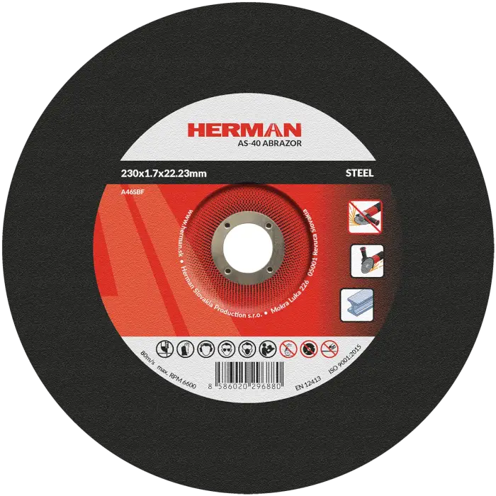 Rezný kotúč HERMAN AS-40 Abrazor|Na oceľ 230x1,7x22,23mm|s prelisom|TYP 42