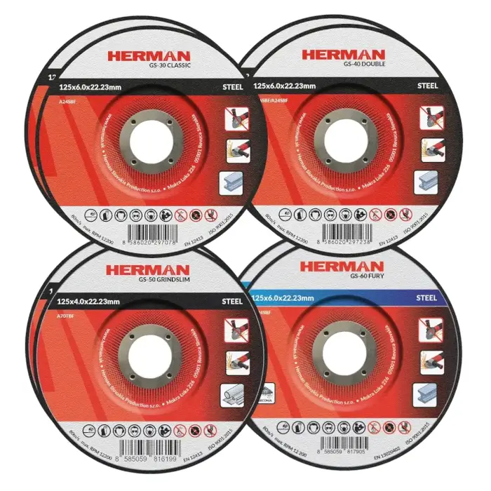 Sada brúsnych kotúčov HERMAN QGS-10 | Na oceľ 125mm | 2x GS-30 Classic, GS-40 Double, GS-50 GrindSlim, GS-60 Fury | 8ks