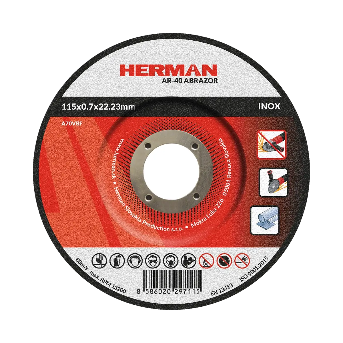 Rezný kotúč HERMAN AR-40 Abrazor | Na nerez 115x0,7x22,23mm | s prelisom | TYP 42