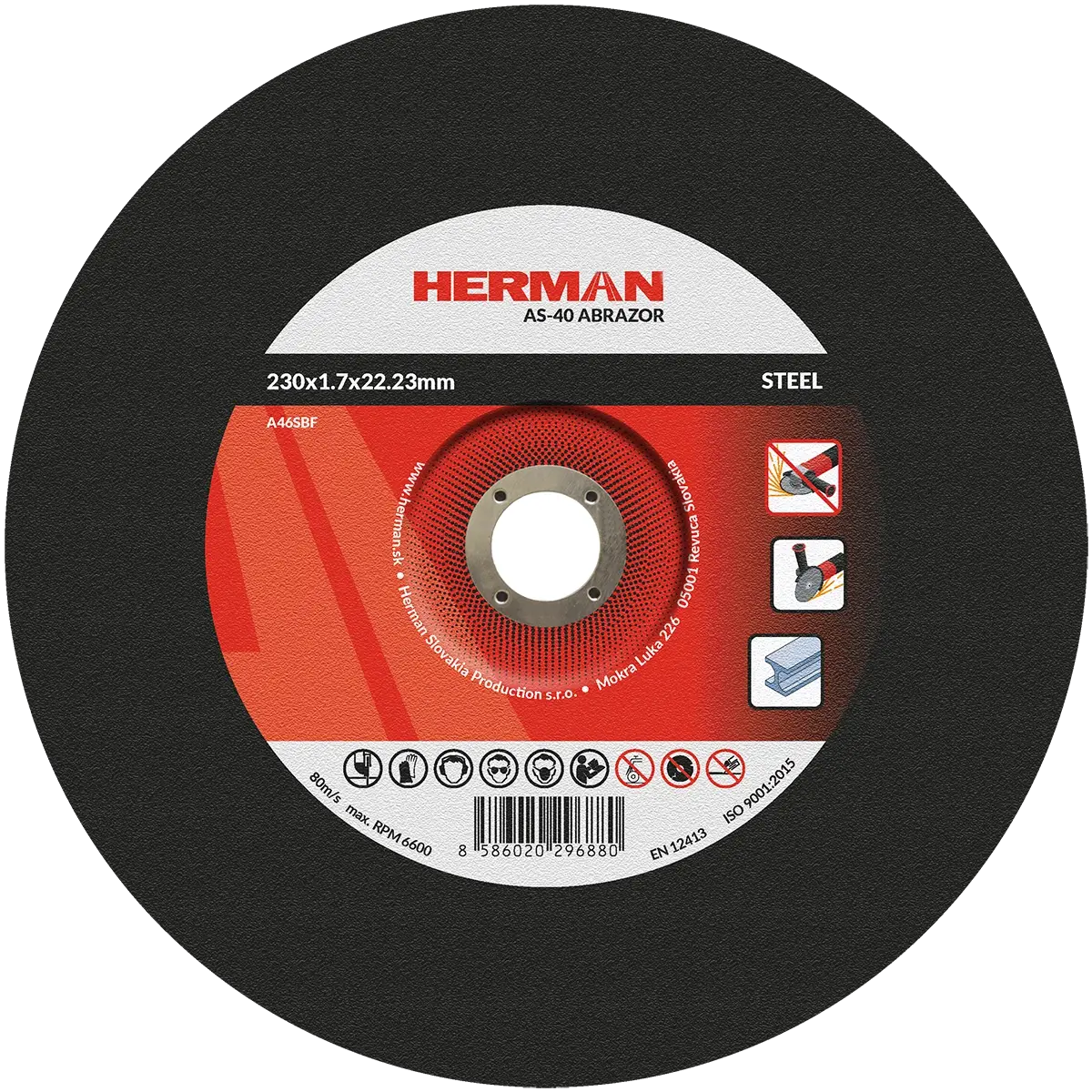 Rezný kotúč HERMAN AS-40 Abrazor | Na oceľ 230x1,7x22,23mm | s prelisom | TYP 42