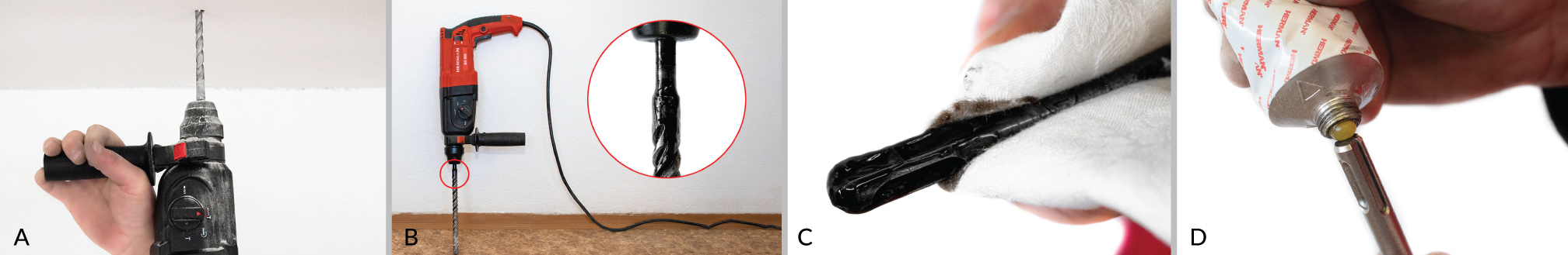 Obr. 5. Vŕtanie do stropu (A) a poloha kladiva v prestávke (B), čistenie (C) a mazanie (D)
