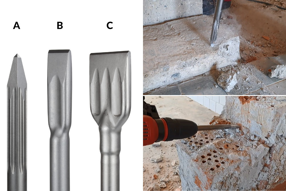 Obr. 4. Sekáč špicatý (A), plochý (B) a lopatkový (C)