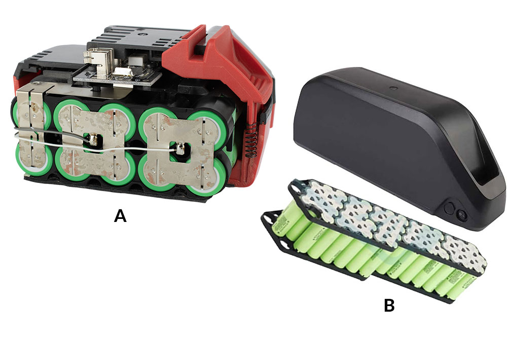 Obr. 8. Zapojenie článkov v akumulátore HERMAN BL 18V (A), a v akumulátore pre elektrický bicykel (B)