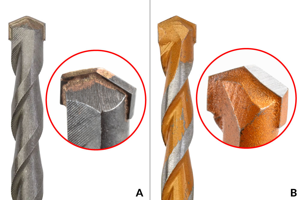 Obr. 2. Klasický „vídiový“ (A) a univerzálny (B) vrták do stavebných materiálov