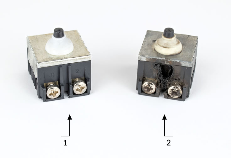 Nový spínač (1) a poškodený spínač (2)